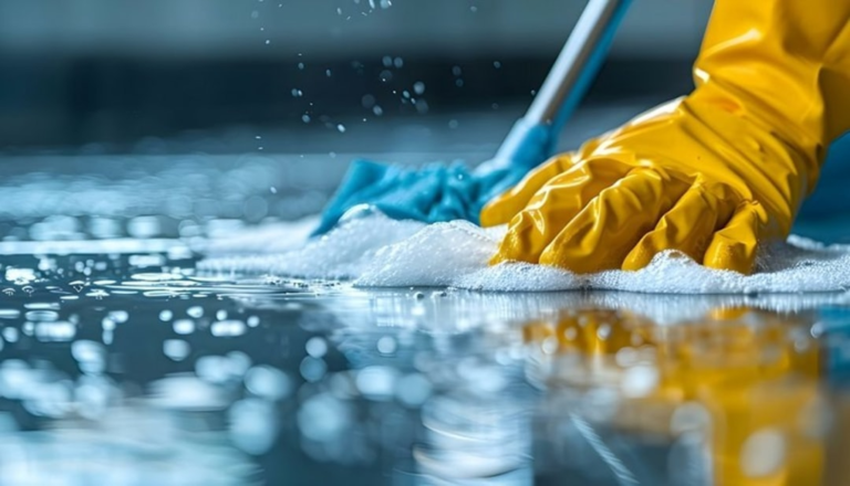 A person in yellow gloves and blue gloves cleaning a floor — Foto por PuroClean of Fort Worth na Unsplash